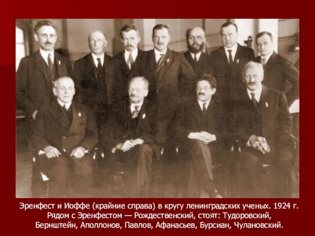 Эренфест и Иоффе (крайние справа) в кругу ленинградских ученых. 1924 г. Рядом