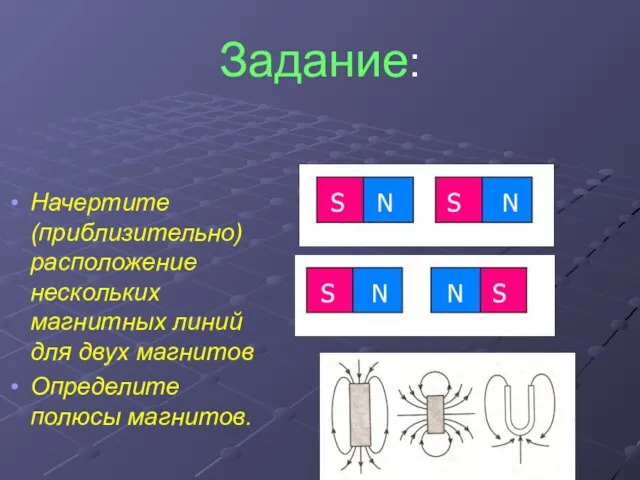 Задание: Начертите (приблизительно) расположение нескольких магнитных линий для двух магнитов Определите полюсы