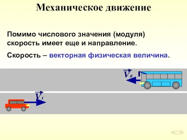 Механическое движение Помимо числового значения (модуля) скорость имеет еще и направление. Скорость – векторная физическая величина.