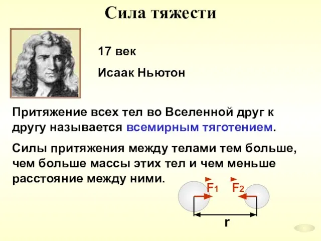 Сила тяжести Притяжение всех тел во Вселенной друг к другу называется всемирным