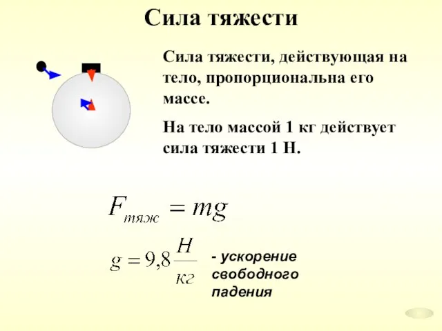 Сила тяжести Сила тяжести, действующая на тело, пропорциональна его массе. На тело