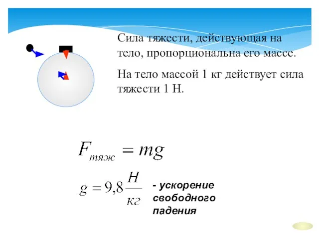 Сила тяжести, действующая на тело, пропорциональна его массе. На тело массой 1