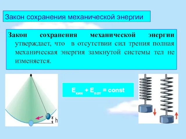 Закон сохранения механической энергии Закон сохранения механической энергии утверждает, что в отсутствии