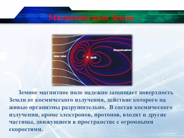 Магнитное поле Земли Земное магнитное поле надежно защищает поверхность Земли от космического