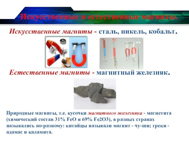 Искусственные и естественные магниты. Искусственные магниты - сталь, никель, кобальт. Естественные магниты