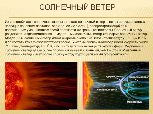 Солнечный ветер Из внешней части солнечной короны истекает солнечный ветер — поток