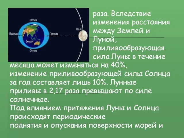 раза. Вследствие изменения расстояния между Землей и Луной, приливообразующая сила Луны в