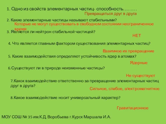 1. Одно из свойств элементарных частиц- способность……… 2. Какие элементарные частицы называют