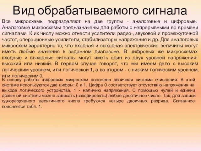 Вид обрабатываемого сигнала Все микросхемы подразделяют на две группы - аналоговые и