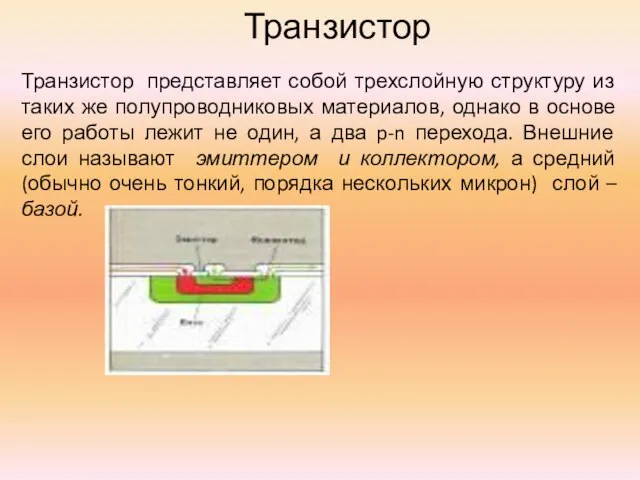 Транзистор Транзистор представляет собой трехслойную структуру из таких же полупроводниковых материалов, однако