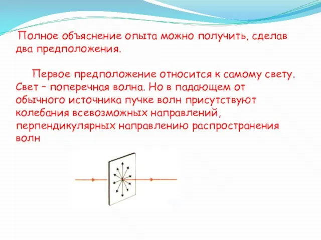 Полное объяснение опыта можно получить, сделав два предположения. Первое предположение относится к