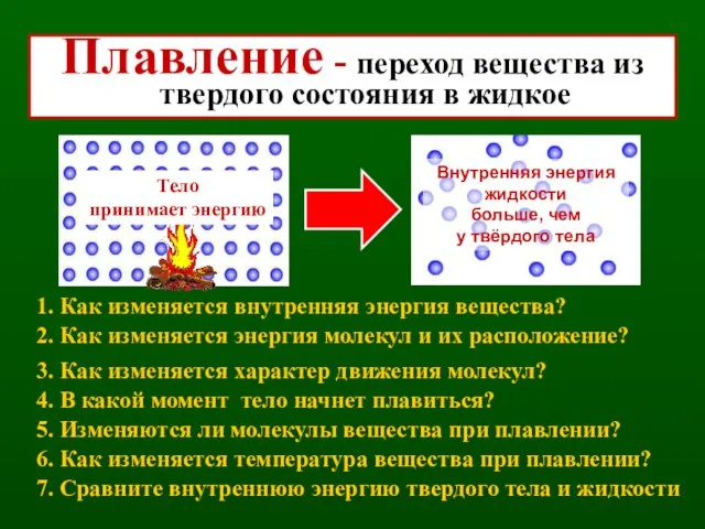 Плавление - переход вещества из твердого состояния в жидкое 2. Как изменяется