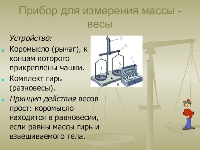 Прибор для измерения массы -весы Устройство: Коромысло (рычаг), к концам которого прикреплены