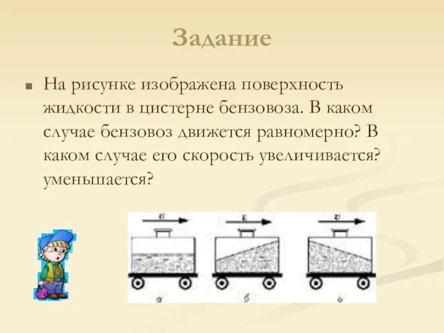 Задание На рисунке изображена поверхность жидкости в цистерне бензовоза. В каком случае