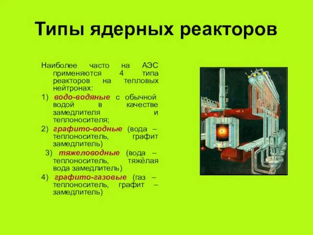 Типы ядерных реакторов Наиболее часто на АЭС применяются 4 типа реакторов на