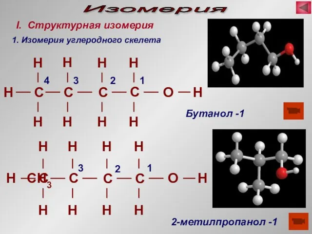 Изомерия H СH3 Бутанол -1 2-метилпропанол -1 I. Структурная изомерия 1. Изомерия