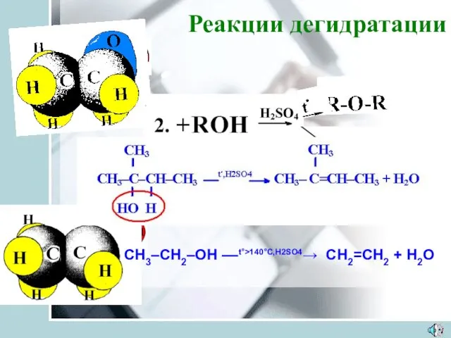 Реакции дегидратации CH3–CH2–OH ––t°>140°C,H2SO4→ CH2=CH2 + H2O