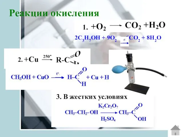 Реакции окисления 2С3H7ОH + 9O2 6СO2 + 8H2O 3. В жестких условиях