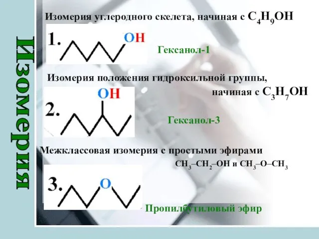 Гексанол-1 Гексанол-3 Пропилбутиловый эфир Изомерия Изомерия углеродного скелета, начиная с C4H9OH Изомерия