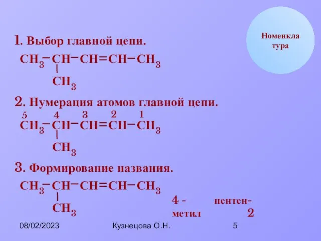 08/02/2023 Кузнецова О.Н. Н С Номенклатура 1. Выбор главной цепи. Н Н3