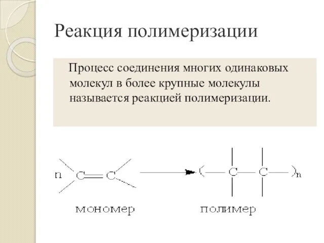 Реакция полимеризации Процесс соединения многих одинаковых молекул в более крупные молекулы называется реакцией полимеризации.