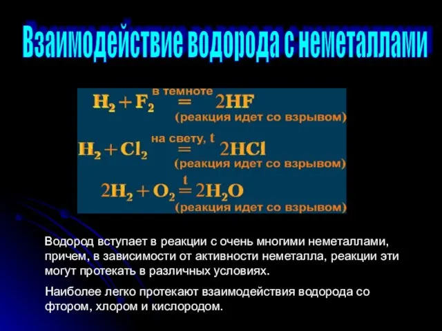 Взаимодействие водорода с неметаллами Водород вступает в реакции с очень многими неметаллами,