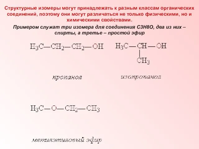 Структурные изомеры могут принадлежать к разным классам органических соединений, поэтому они могут