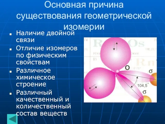 Основная причина существования геометрической изомерии Наличие двойной связи Отличие изомеров по физическим