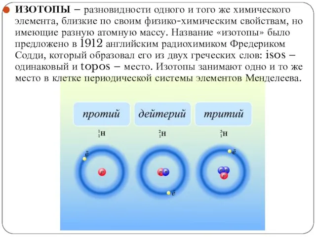 ИЗОТОПЫ – разновидности одного и того же химического элемента, близкие по своим