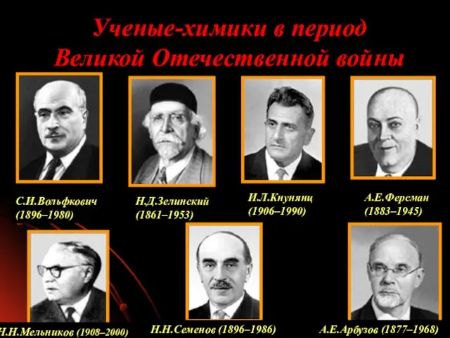 Ученые-химики в период Великой Отечественной войны А.Е.Ферсман (1883–1945) А.Е.Арбузов (1877–1968) Н.Д.Зелинский (1861–1953)