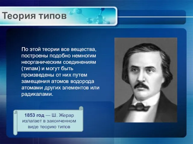 Теория типов По этой теории все вещества, построены подобно немногим неорганическим соединениям