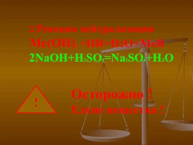 2.Реакция нейтрализации Ме(ОН)n +HR=H2O+MeR 2NaOH+H2SO4=Na2SO4+H2O ! Осторожно ! Едкие вещества !