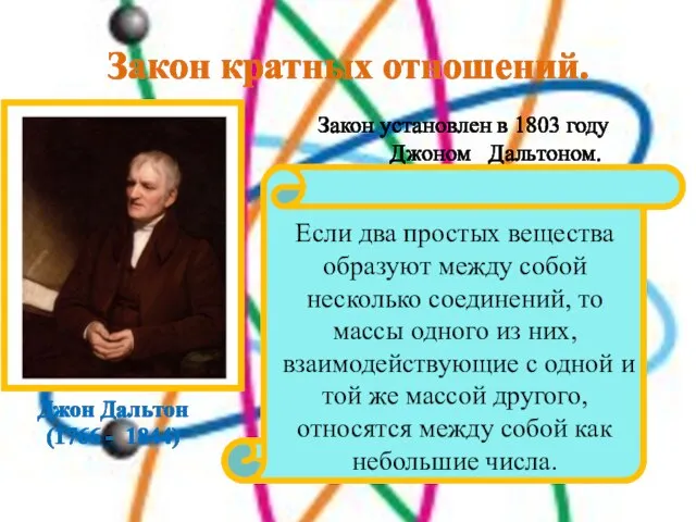 Закон кратных отношений. Джон Дальтон (1766 - 1844) Закон установлен в 1803