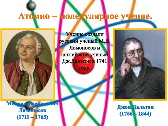 Атомно – молекулярное учение. Михаил Васильевич Ломоносов (1711 – 1765) Джон Дальтон
