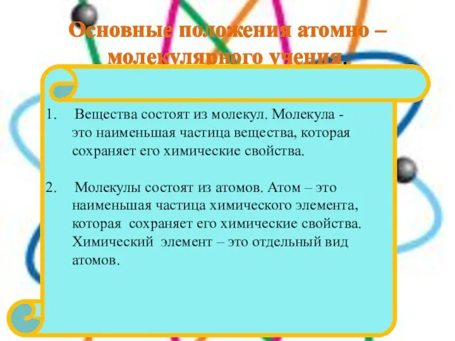 Основные положения атомно – молекулярного учения. Вещества состоят из молекул. Молекула -