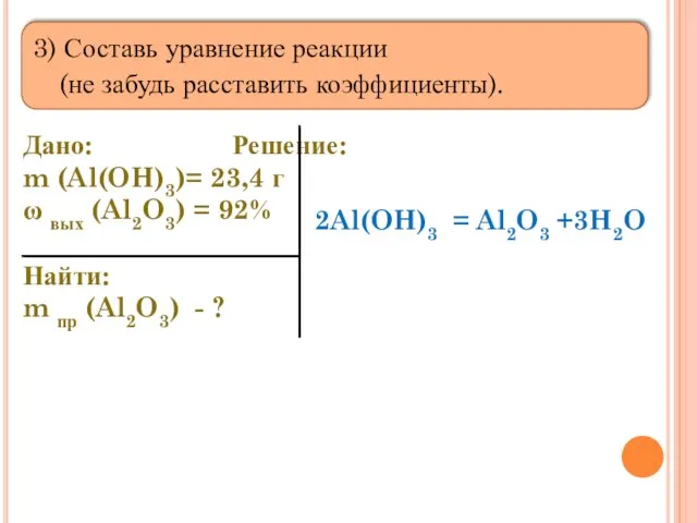 3) Составь уравнение реакции (не забудь расставить коэффициенты). Дано: Решение: m (Al(OH)3)=