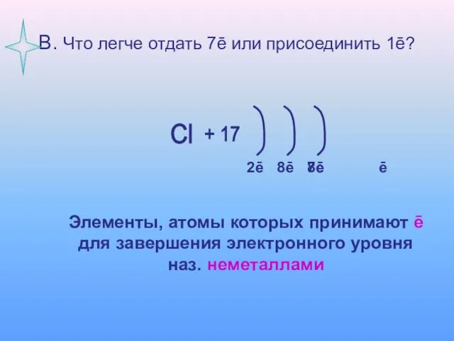 В. Что легче отдать 7ē или присоединить 1ē? Cl + 17 7ē