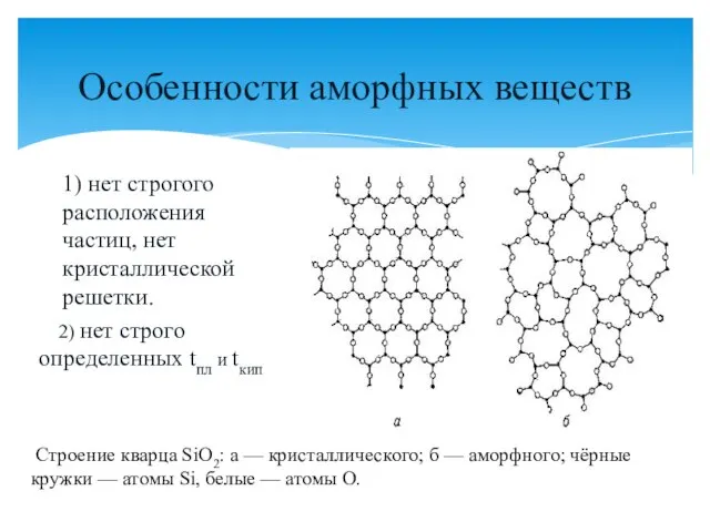 Особенности аморфных веществ 1) нет строгого расположения частиц, нет кристаллической решетки. 2)