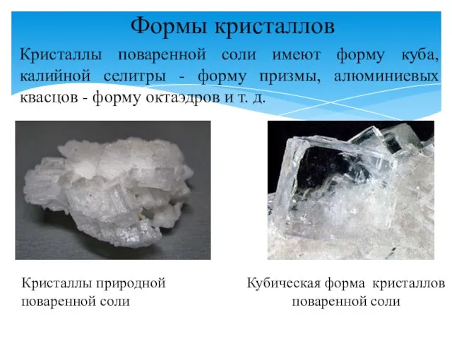 Формы кристаллов Кристаллы поваренной соли имеют форму куба, калийной селитры - форму