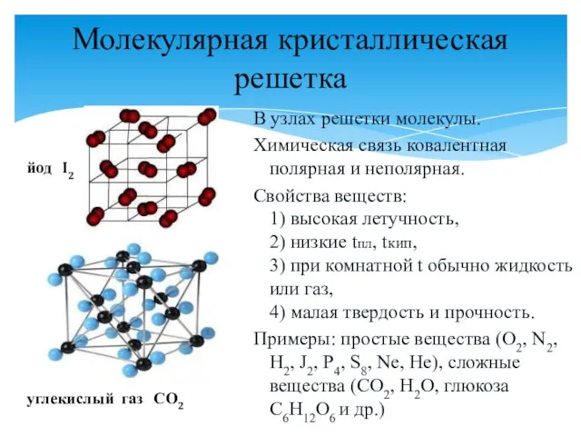 Молекулярная кристаллическая решетка В узлах решетки молекулы. Химическая связь ковалентная полярная и