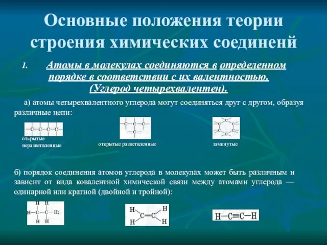 Основные положения теории строения химических соединенй 1. Атомы в молекулах соединяются в