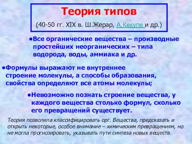 Теория типов (40-50 гг. XIX в. Ш.Жерар, А.Кекуле и др.) Все органические