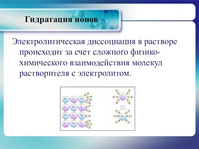 Гидратация ионов Электролитическая диссоциация в растворе происходит за счет сложного физико-химического взаимодействия молекул растворителя с электролитом.