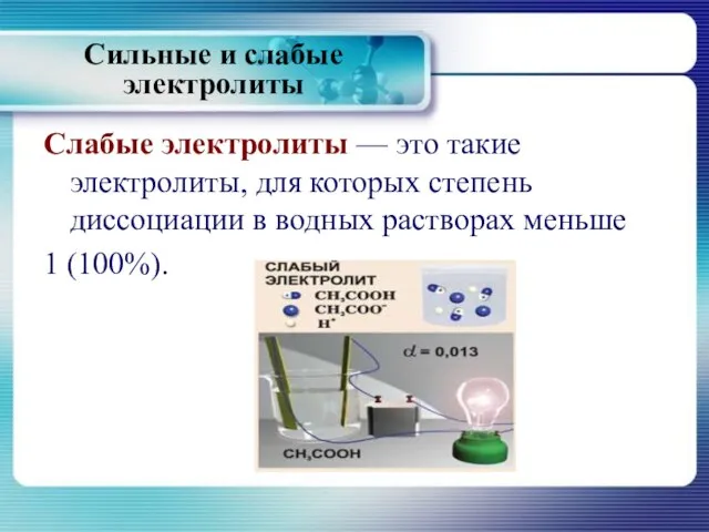 Слабые электролиты — это такие электролиты, для которых степень диссоциации в водных