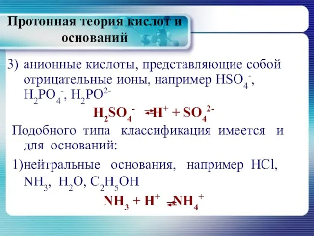 Протонная теория кислот и оснований анионные кислоты, представляющие собой отрицательные ионы, например