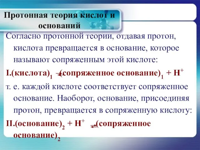 Протонная теория кислот и оснований Согласно протонной теории, отдавая протон, кислота превращается