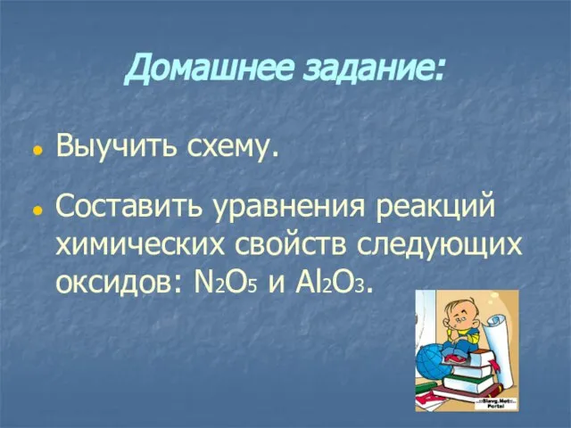 Домашнее задание: Выучить схему. Составить уравнения реакций химических свойств следующих оксидов: N2O5 и Al2O3.