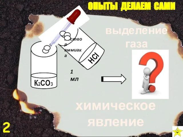 К2СО3 Раствор аммиака HCl 1 мл выделение газа химическое явление 2 ОПЫТЫ ДЕЛАЕМ САМИ