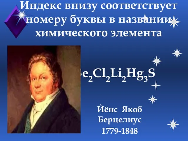 Индекс внизу соответствует номеру буквы в названии химического элемента BFe2Cr2Ca5Be2Cl2Li2Hg3S Йёнс Якоб Берцелиус 1779-1848