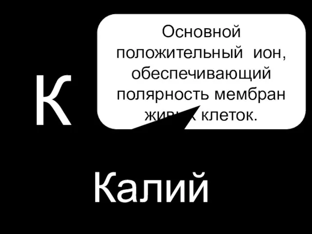 P К Калий Основной положительный ион, обеспечивающий полярность мембран живых клеток.